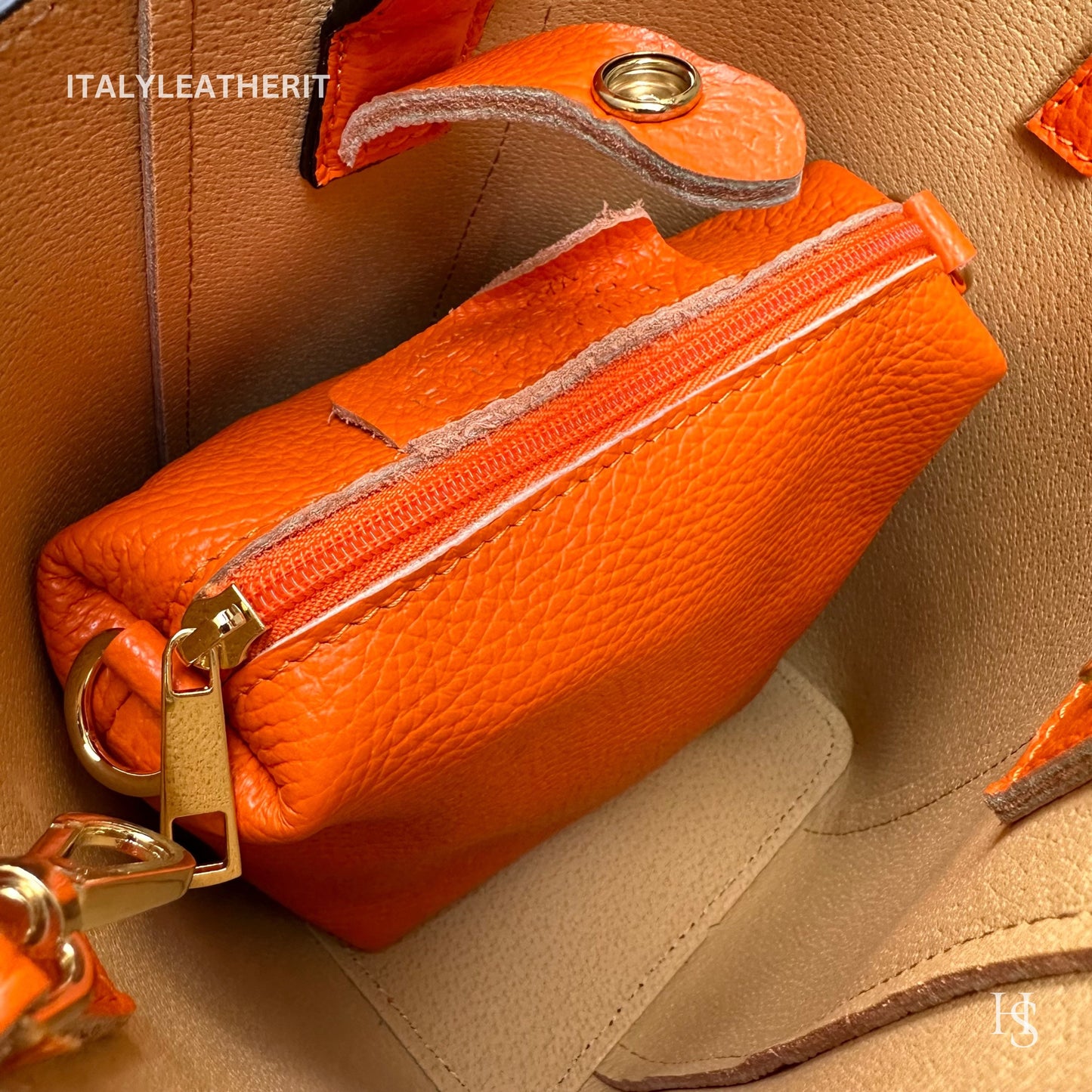 Italian Handmade Leather Bags For Women | Elegant Leather Tote From Florence | Orange Bucket Bag