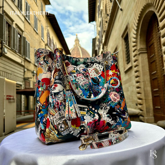 Italian Handmade Leather Bags For Woman l l Elegant Leather Tote From Florence, Italy, Leather Pop Art Bag