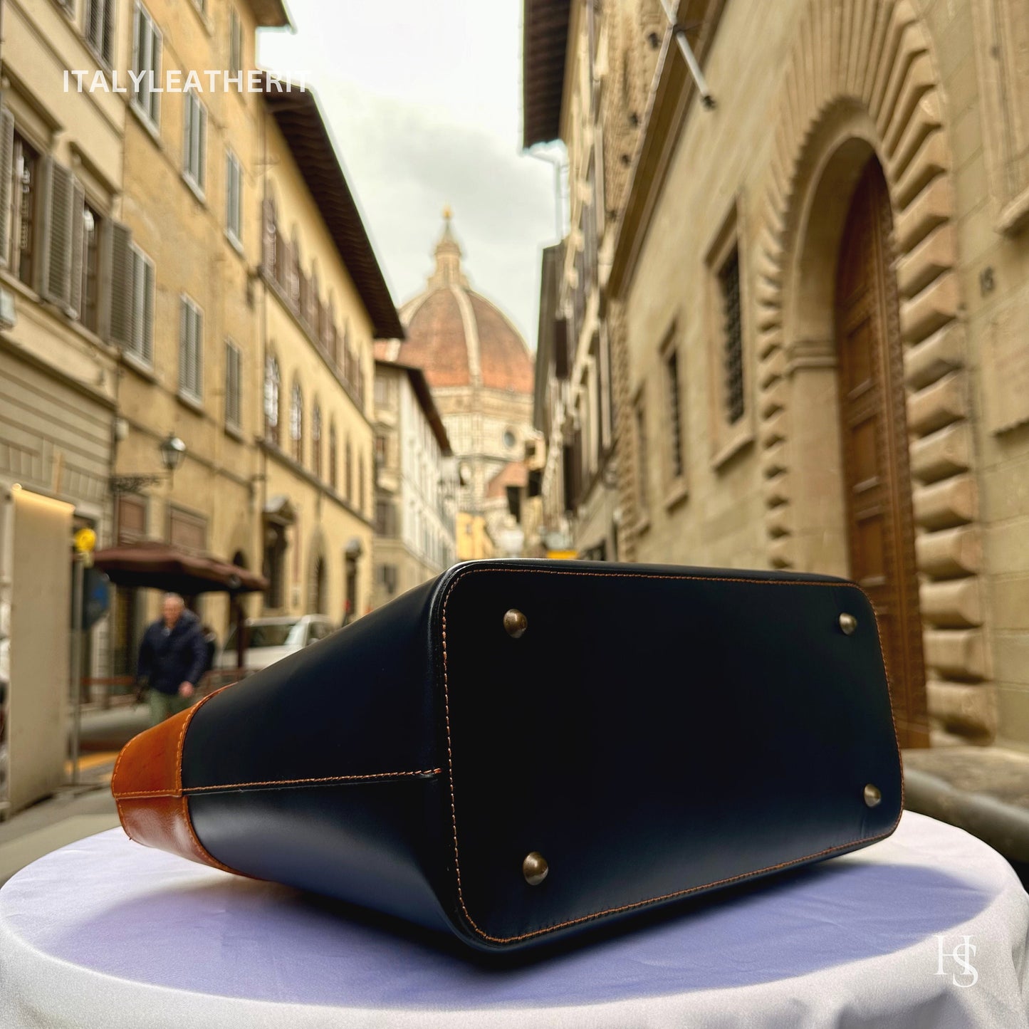 Italian Handmade Leather Bags For Woman l l Elegant Leather Tote From Florence, Navy blue-brown tote bag