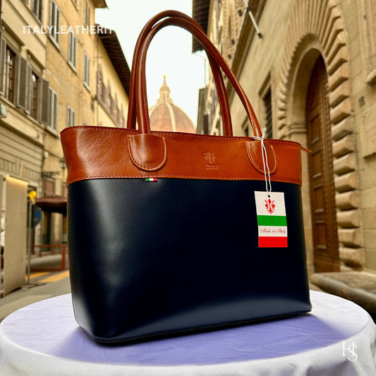 Italian Handmade Leather Bags For Woman l l Elegant Leather Tote From Florence, Navy blue-brown tote bag