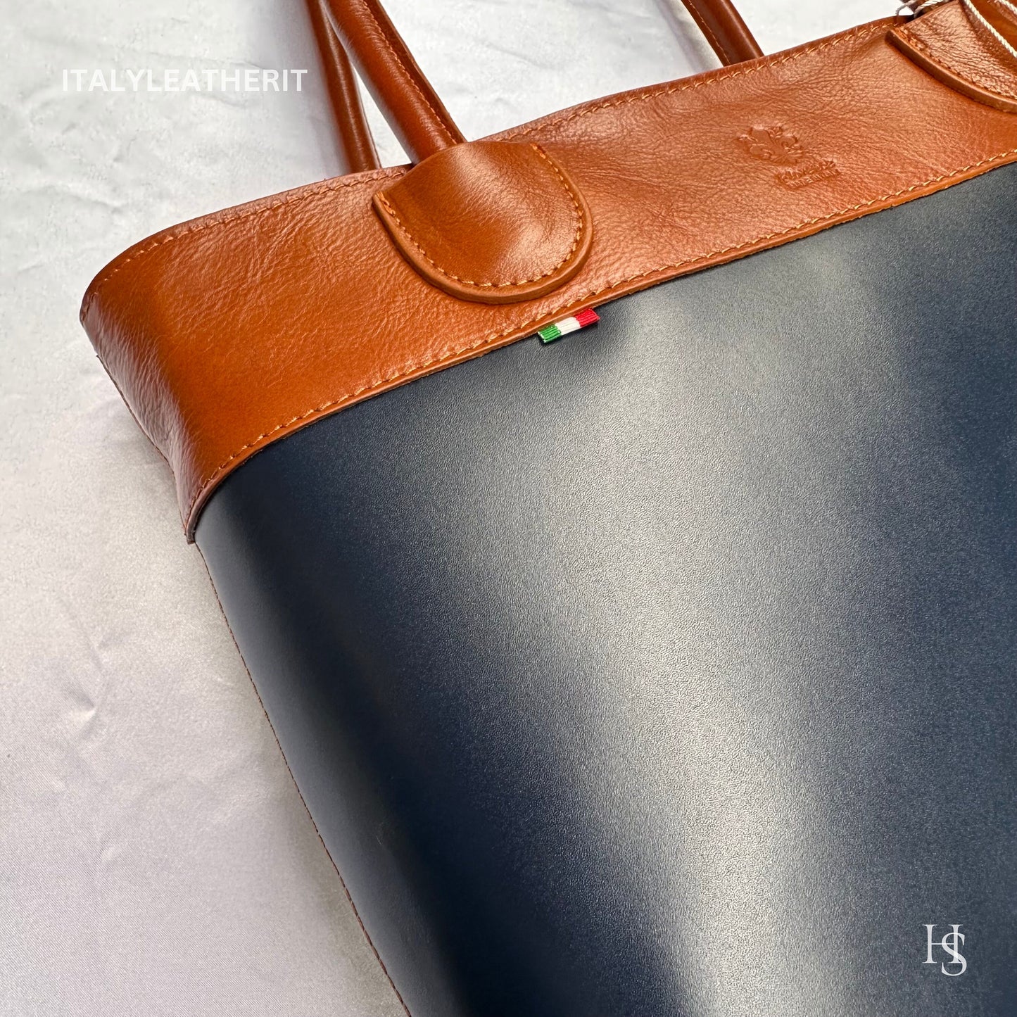 Italian Handmade Leather Bags For Woman l l Elegant Leather Tote From Florence, Navy blue-brown tote bag