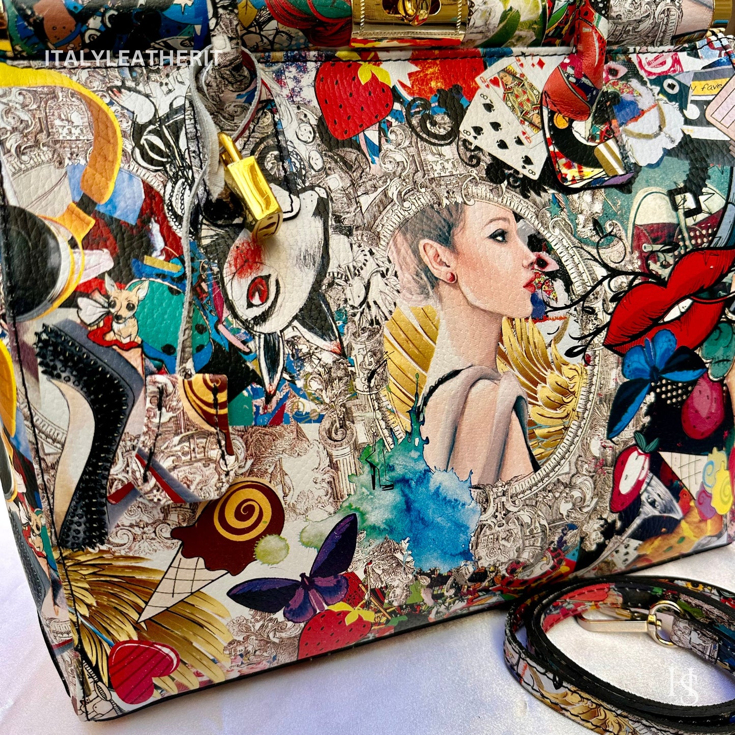 Italian Handmade Leather Bags for Women | Elegant Leather Tote from Florence | Artisan-Crafted Bag with Lock Closure, Pop Art Bag