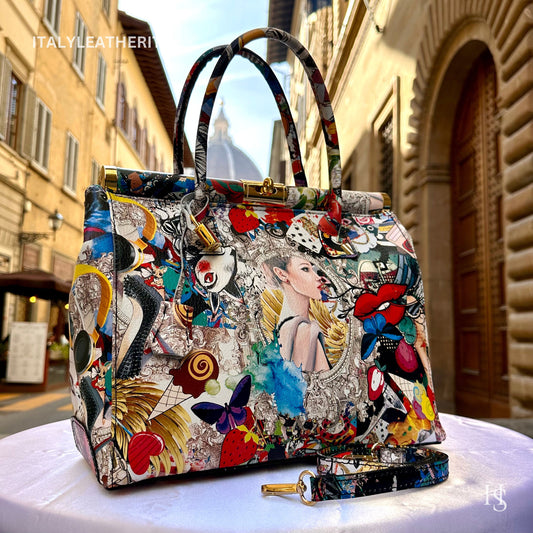 Italian Handmade Leather Bags for Women | Elegant Leather Tote from Florence | Artisan-Crafted Bag with Lock Closure, Pop Art Bag