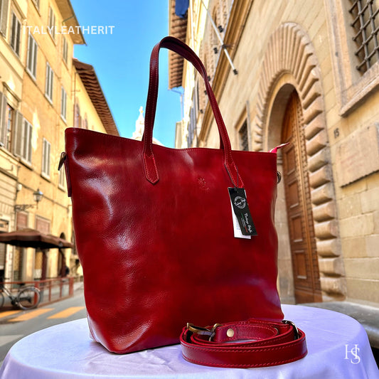 Italian Handmade Leather Bags For Women l l Elegant Leather Tote From Florence, Red leather tote