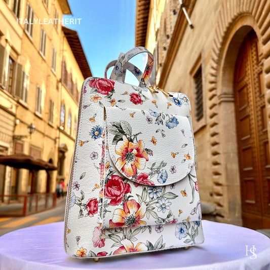 Italian Unisex Handmade Tuscan Leather Backpack From Florence, Made In Italy, Computer bag, flower backpack