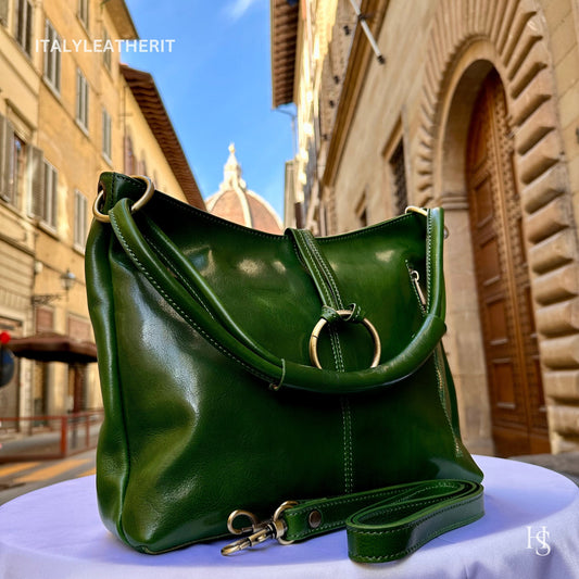 Italian Handmade Leather Bags For Women l l Elegant Leather Tote From Florence, Made in Italy, green shoulder bag