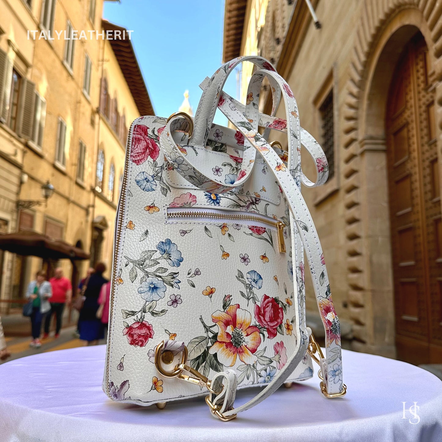 Italian Unisex Handmade Tuscan Leather Backpack From Florence, Made In Italy, Computer bag, flower backpack