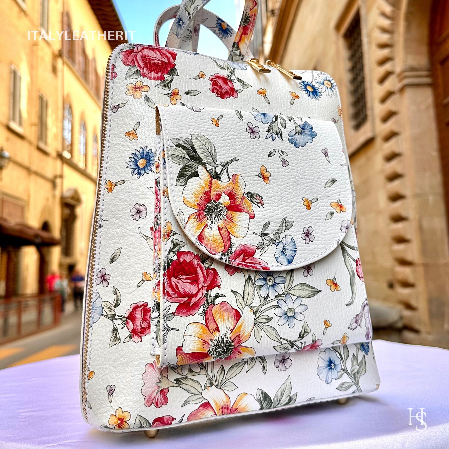 Italian Unisex Handmade Tuscan Leather Backpack From Florence, Made In Italy, Computer bag, flower backpack