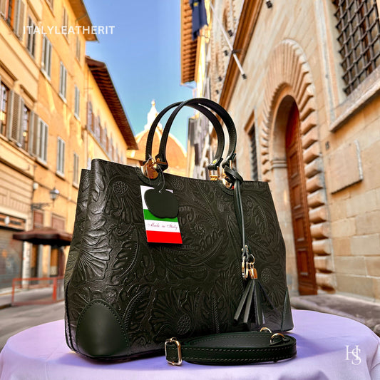 Italian Handmade Leather Bags For Woman l l Elegant Leather Tote From Florence || Made in Italy , Green leather tote