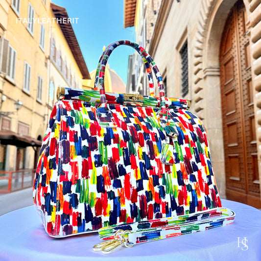 Italian Handmade Leather Bags For Women l l Elegant Leather Tote From Florence, Multicolor bag, Lock bag