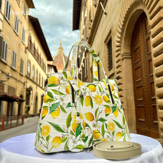 Italian Handmade Leather Bags For Woman l Elegant Leather Tote From Florence || Made in Italy, Flower lemon Purse