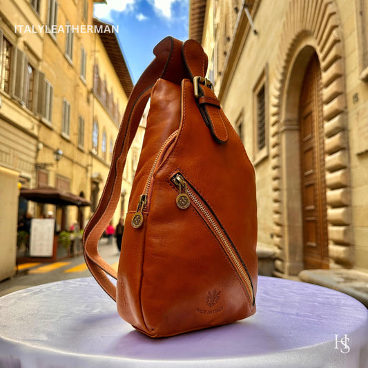 Italian Handmade Leather Sling Bags for Unisex – Cognac Color Waist Bag, Leather Fanny Pack, cognac bag