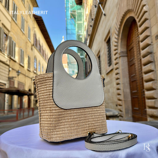 Italian Handmade Leather Bags for Women | Elegant Tote & Purse from Florence, Small Straw and Leather bag