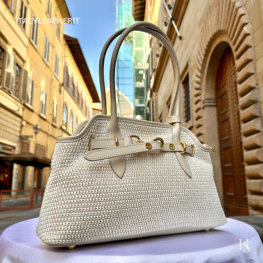 Italian Handmade Leather Bags for Women | Elegant Tote & Purse from Florence, Straw and Leather bag