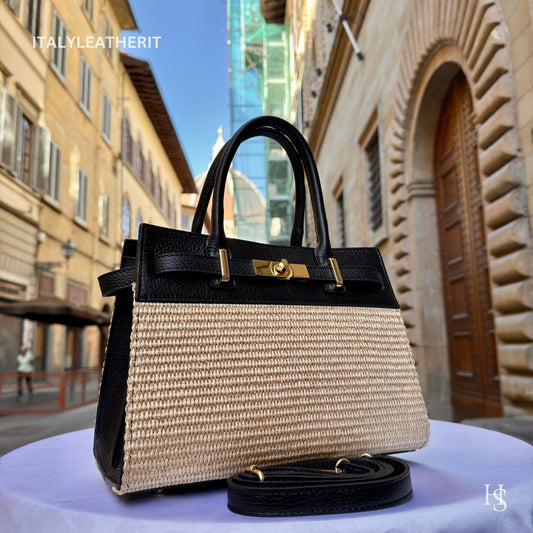 Italian Handmade Leather Bags for Women | Elegant Tote & Purse from Florence, Straw and Leather bag