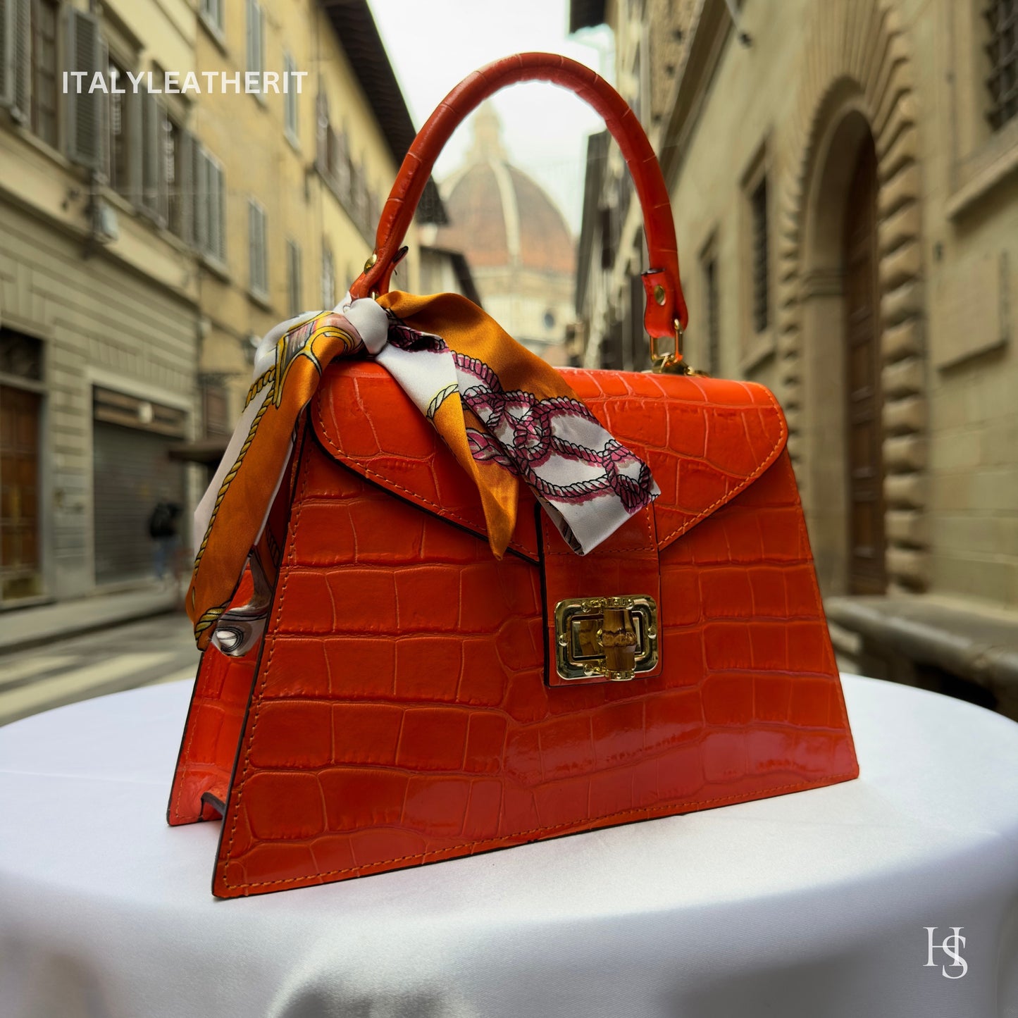 Italian Handmade Leather Bags For Women | Elegant Leather Tote From Florence | Orange Handbag Luxury Collection