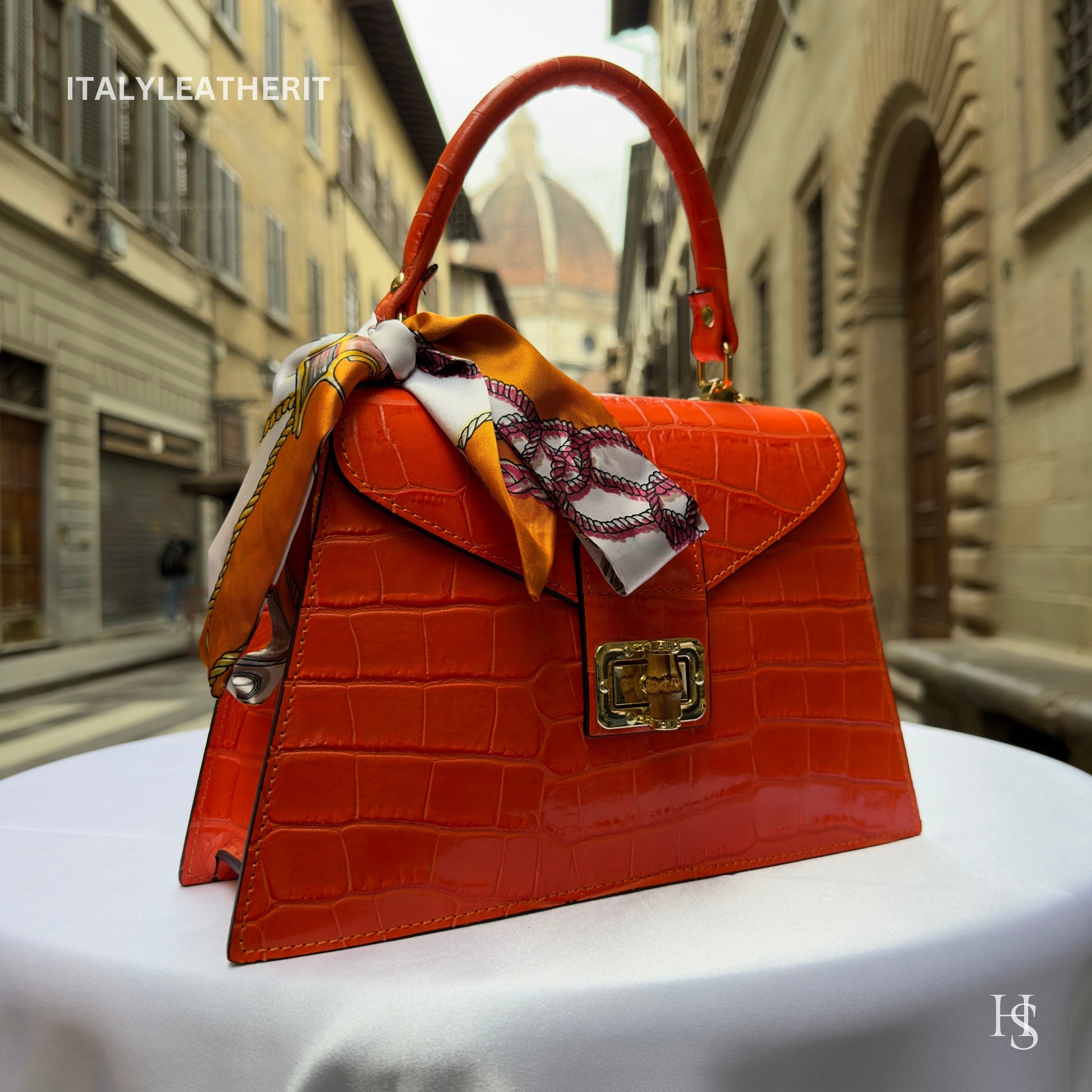 Italian Handmade Leather Bags For Women | Elegant Leather Tote From Florence | Orange Handbag Luxury Collection