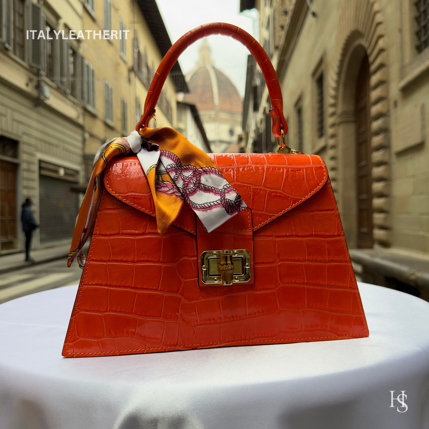 Italian Handmade Leather Bags For Women | Elegant Leather Tote From Florence | Orange Handbag Luxury Collection