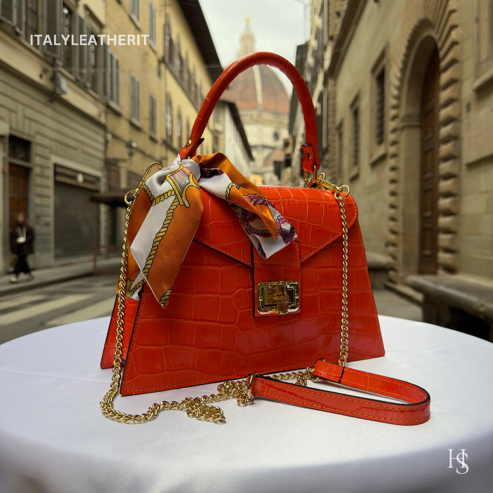 Italian Handmade Leather Bags For Women | Elegant Leather Tote From Florence | Orange Handbag Luxury Collection