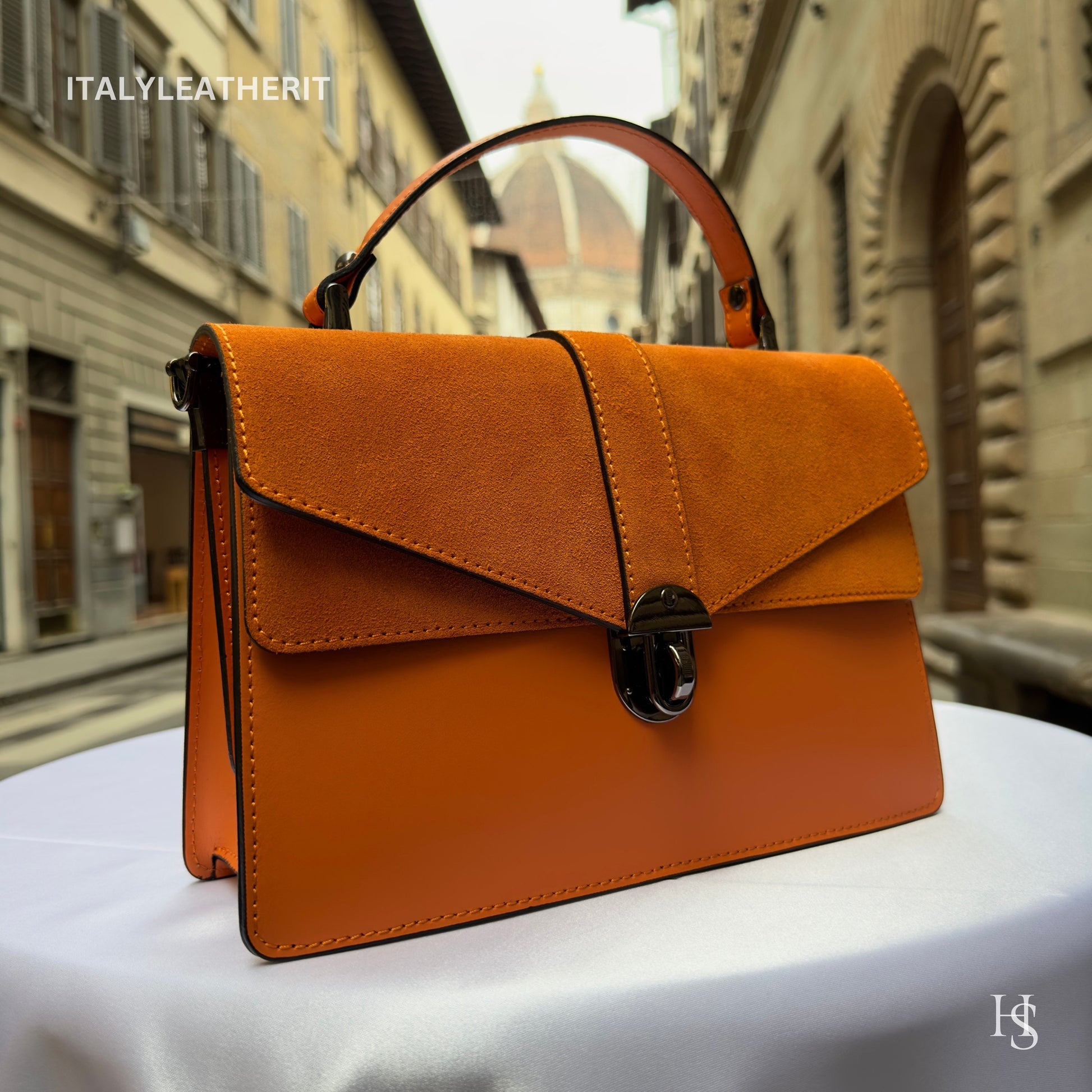 Italian Handmade Leather Bags For Women | Elegant Leather Tote From Florence | Orange Leather Tote | Orange Leather Bag