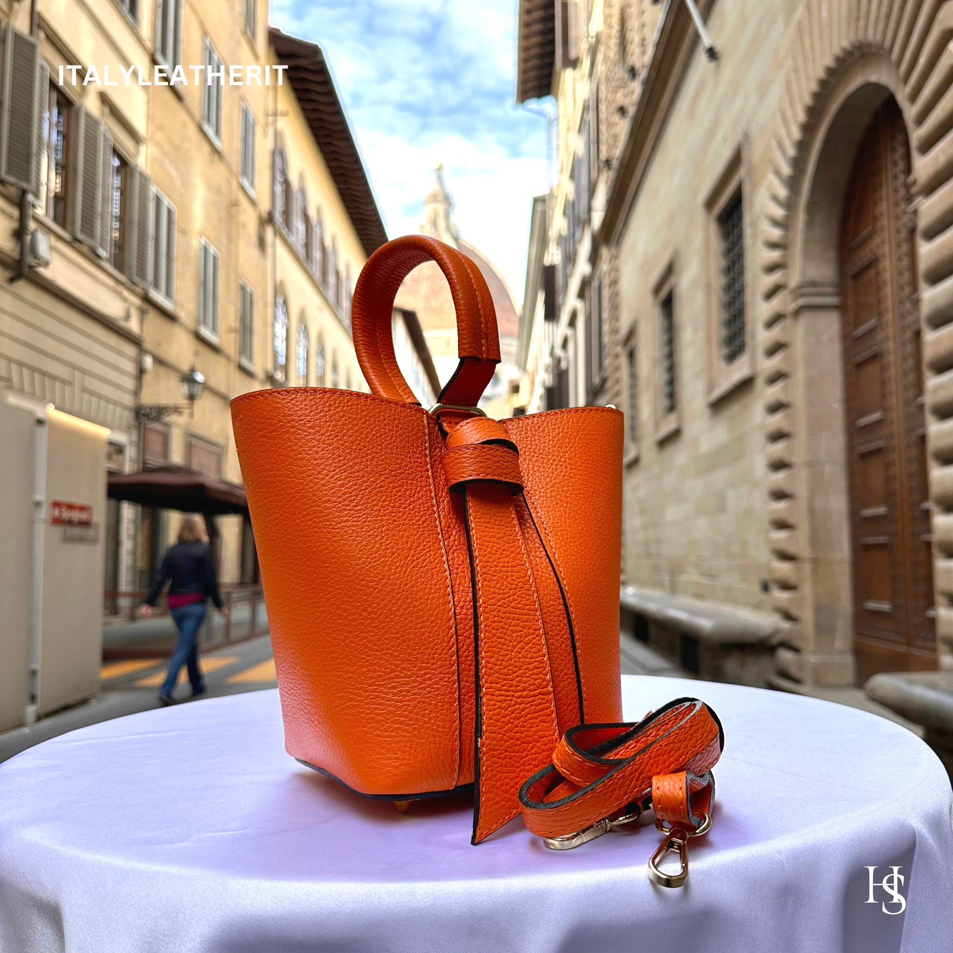 Italian Handmade Leather Bags For Women | Elegant Leather Tote From Florence | Orange Bucket Bag