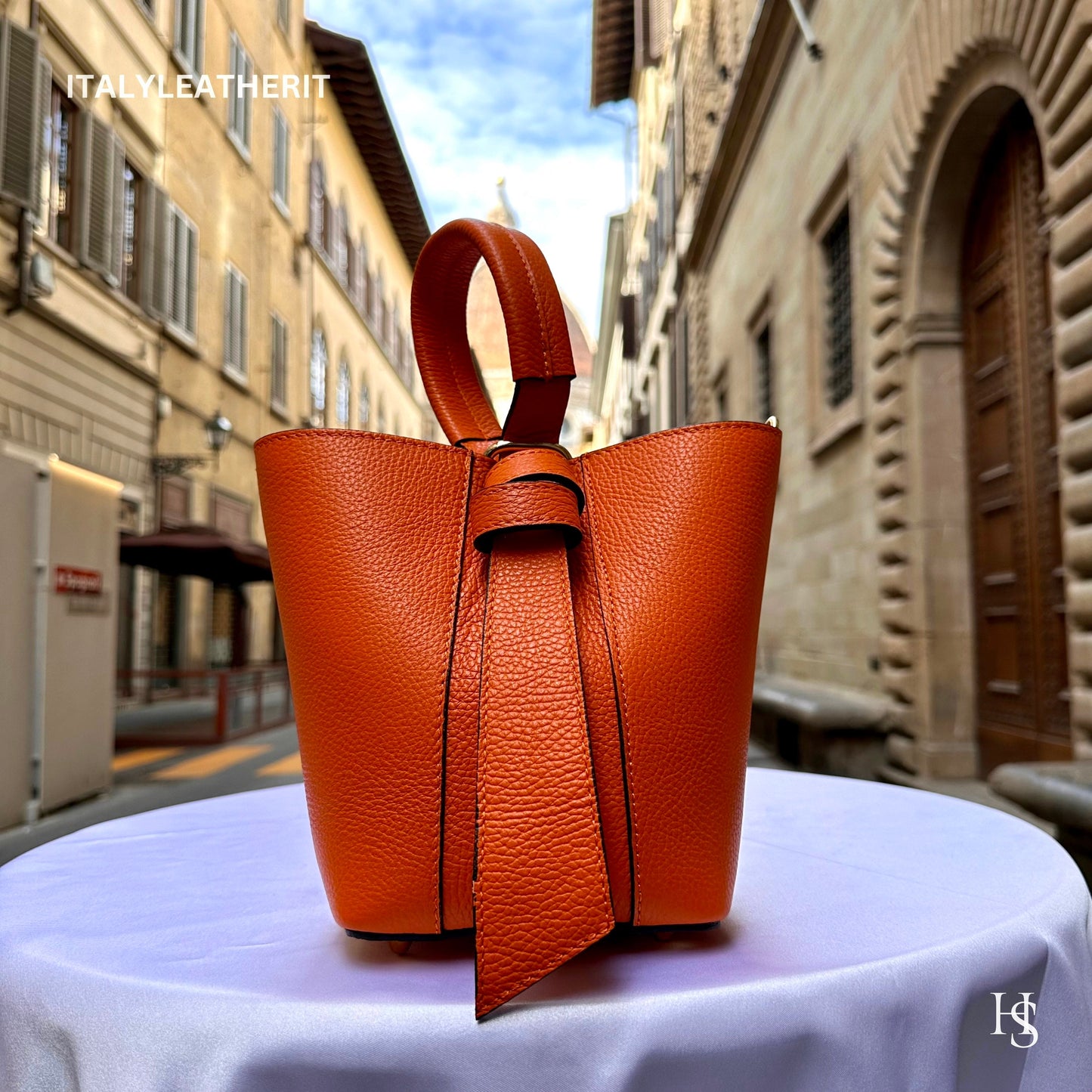 Italian Handmade Leather Bags For Women | Elegant Leather Tote From Florence | Orange Bucket Bag