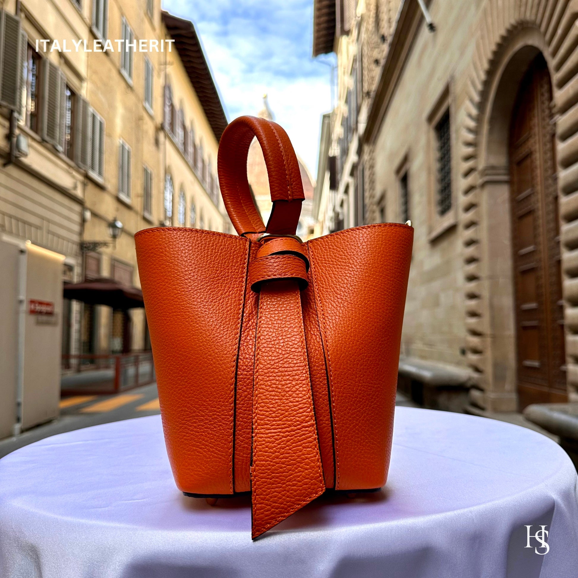 Italian Handmade Leather Bags For Women | Elegant Leather Tote From Florence | Orange Bucket Bag