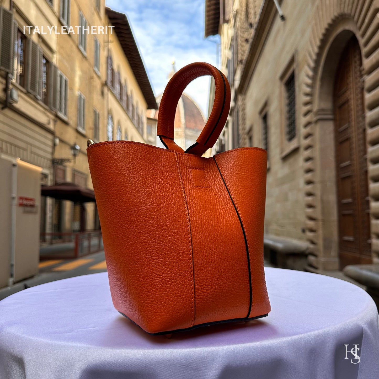 Italian Handmade Leather Bags For Women | Elegant Leather Tote From Florence | Orange Bucket Bag