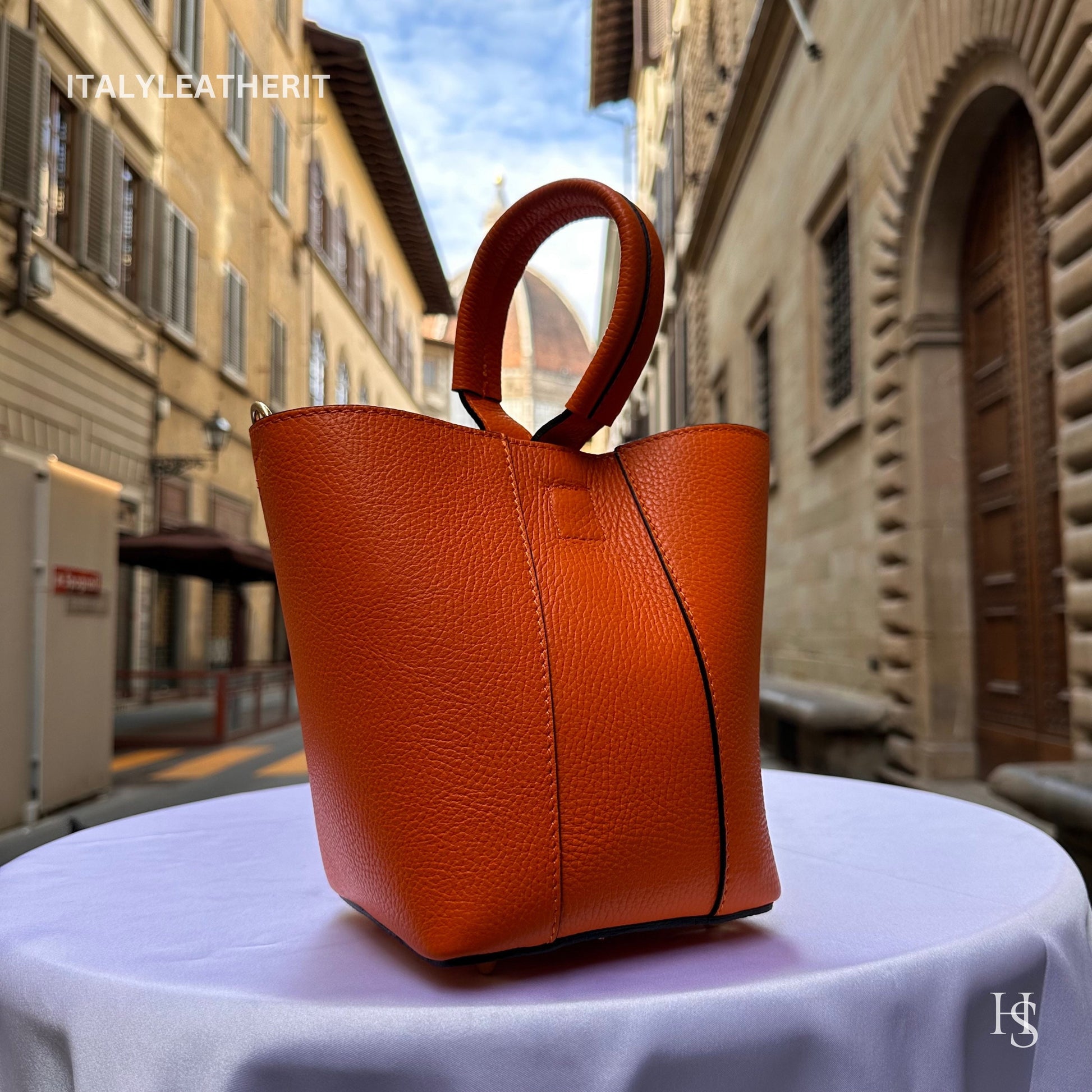 Italian Handmade Leather Bags For Women | Elegant Leather Tote From Florence | Orange Bucket Bag