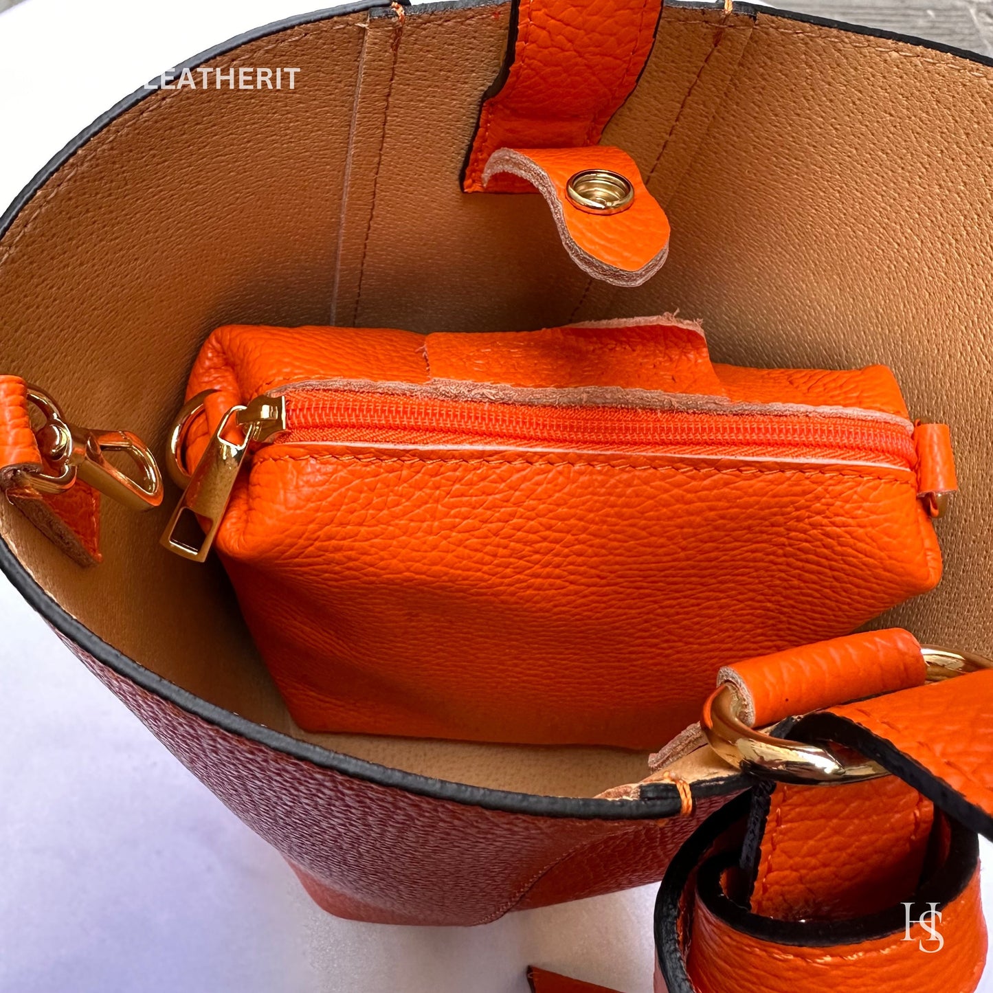 Italian Handmade Leather Bags For Women | Elegant Leather Tote From Florence | Orange Bucket Bag