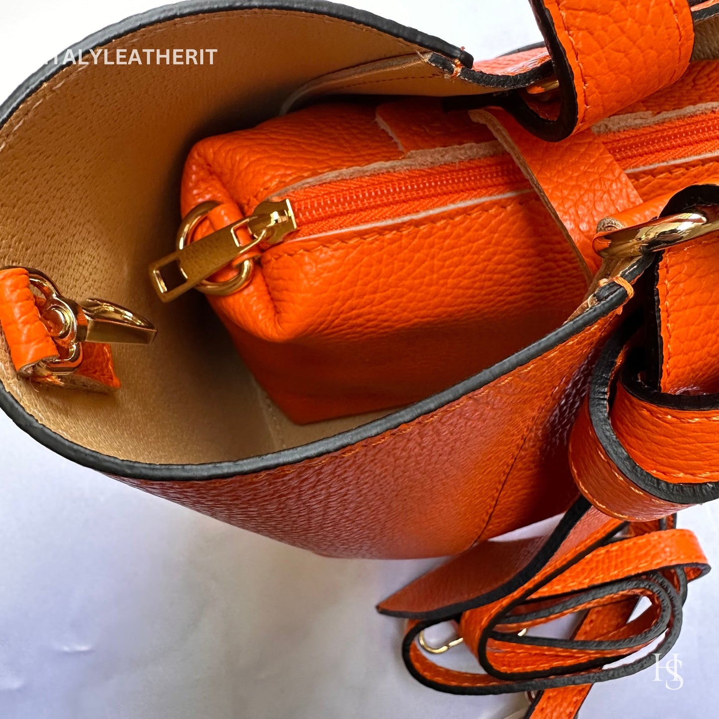 Italian Handmade Leather Bags For Women | Elegant Leather Tote From Florence | Orange Bucket Bag