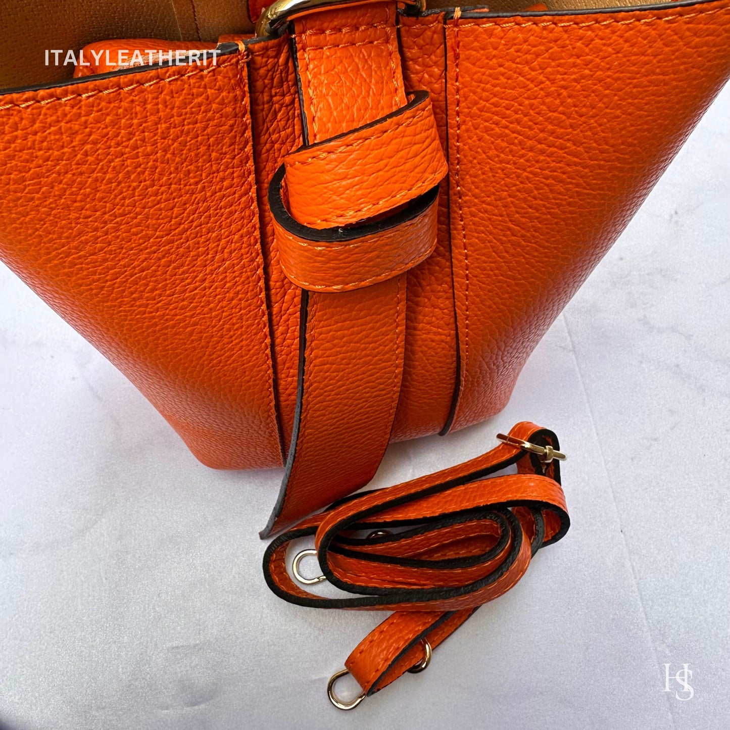 Italian Handmade Leather Bags For Women | Elegant Leather Tote From Florence | Orange Bucket Bag