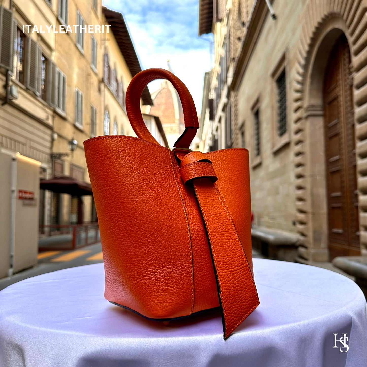 Italian Handmade Leather Bags For Women | Elegant Leather Tote From Florence | Orange Bucket Bag