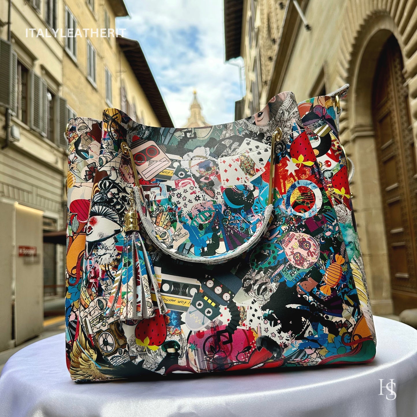 Italian Handmade Leather Bags For Woman l l Elegant Leather Tote From Florence, Italy, Leather Pop Art Bag