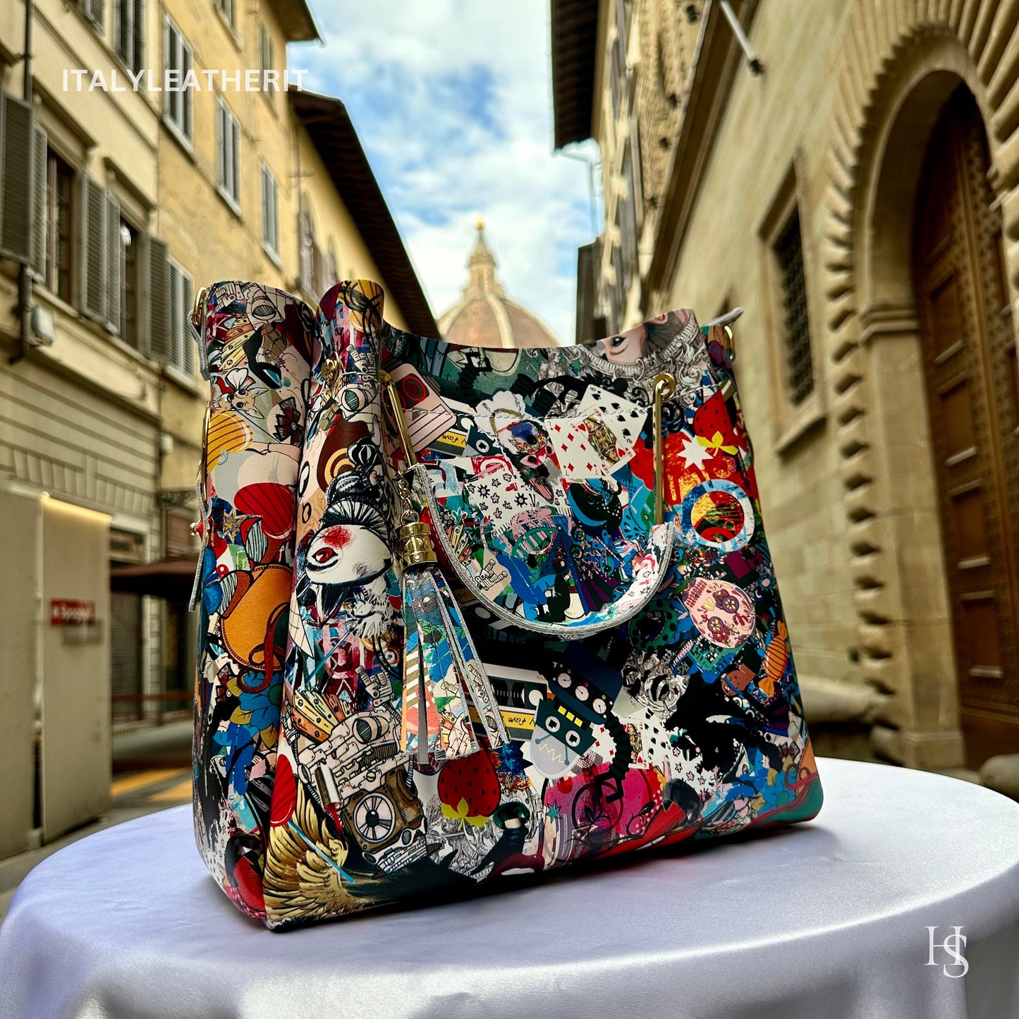 Italian Handmade Leather Bags For Woman l l Elegant Leather Tote From Florence, Italy, Leather Pop Art Bag