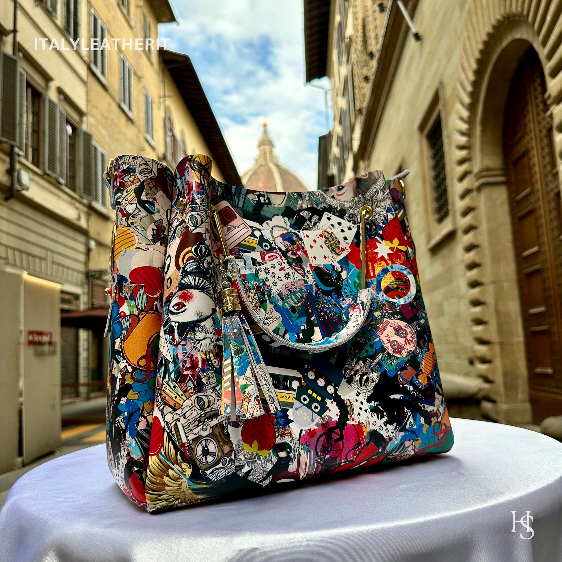 Italian Handmade Leather Bags For Woman l l Elegant Leather Tote From Florence, Italy, Leather Pop Art Bag