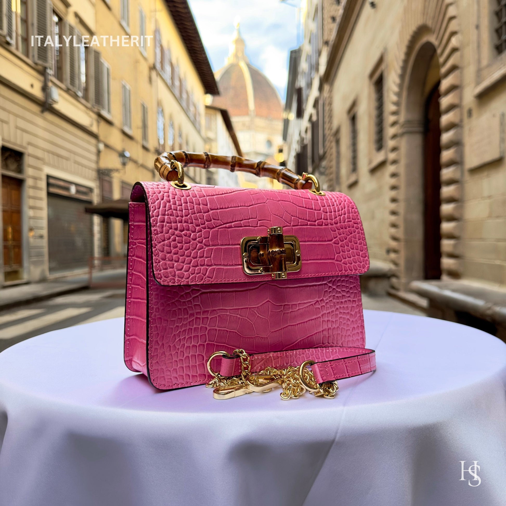 Italian Handmade Leather Bags For Woman l l Elegant Leather Tote From Florence, made in Italy, Pink Mini Crossbody Bag