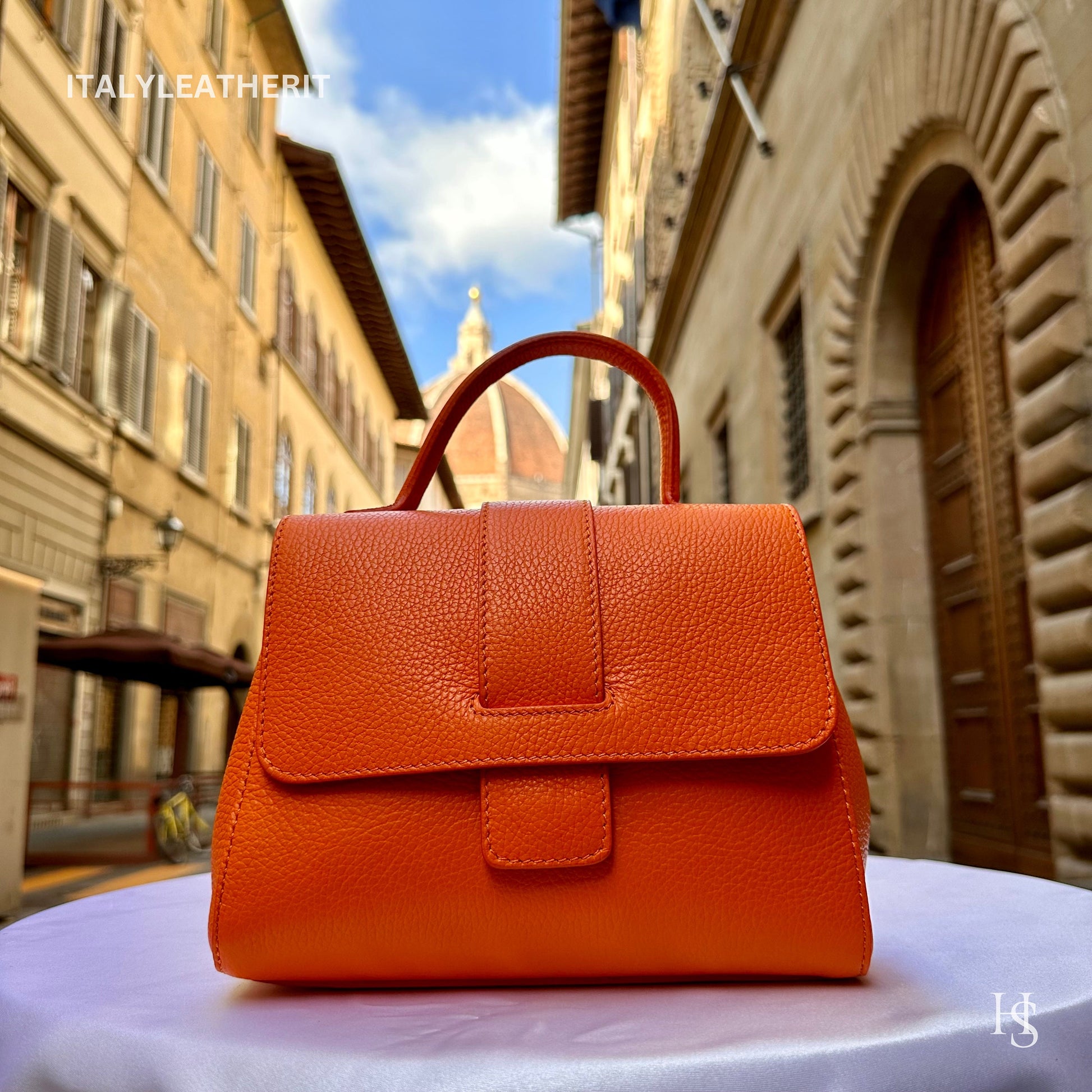 Italian Handmade Leather Bags For Women | Elegant Leather Tote From Florence | Orange Handcrafted Italian Leather Purses