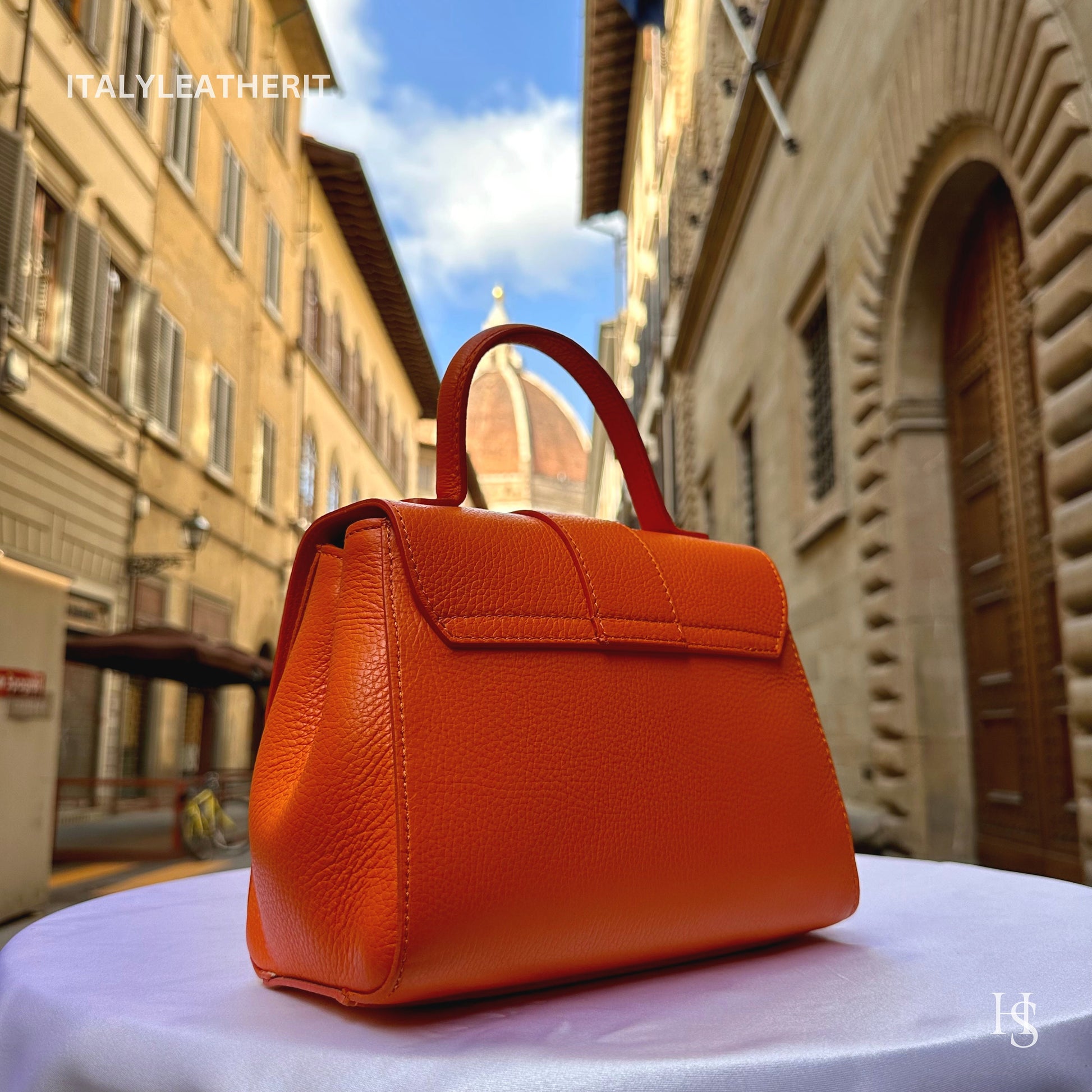 Italian Handmade Leather Bags For Women | Elegant Leather Tote From Florence | Orange Handcrafted Italian Leather Purses