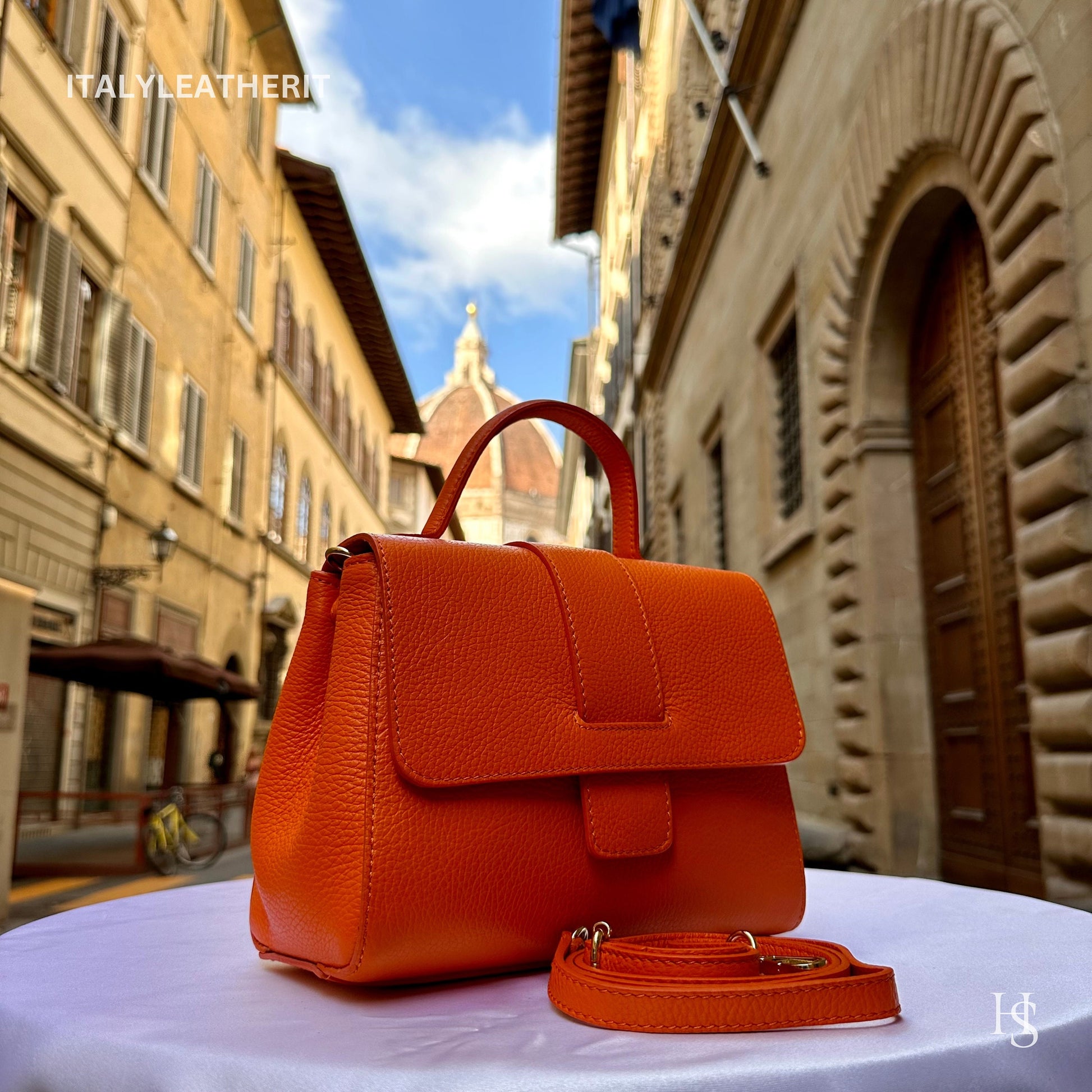 Italian Handmade Leather Bags For Women | Elegant Leather Tote From Florence | Orange Handcrafted Italian Leather Purses