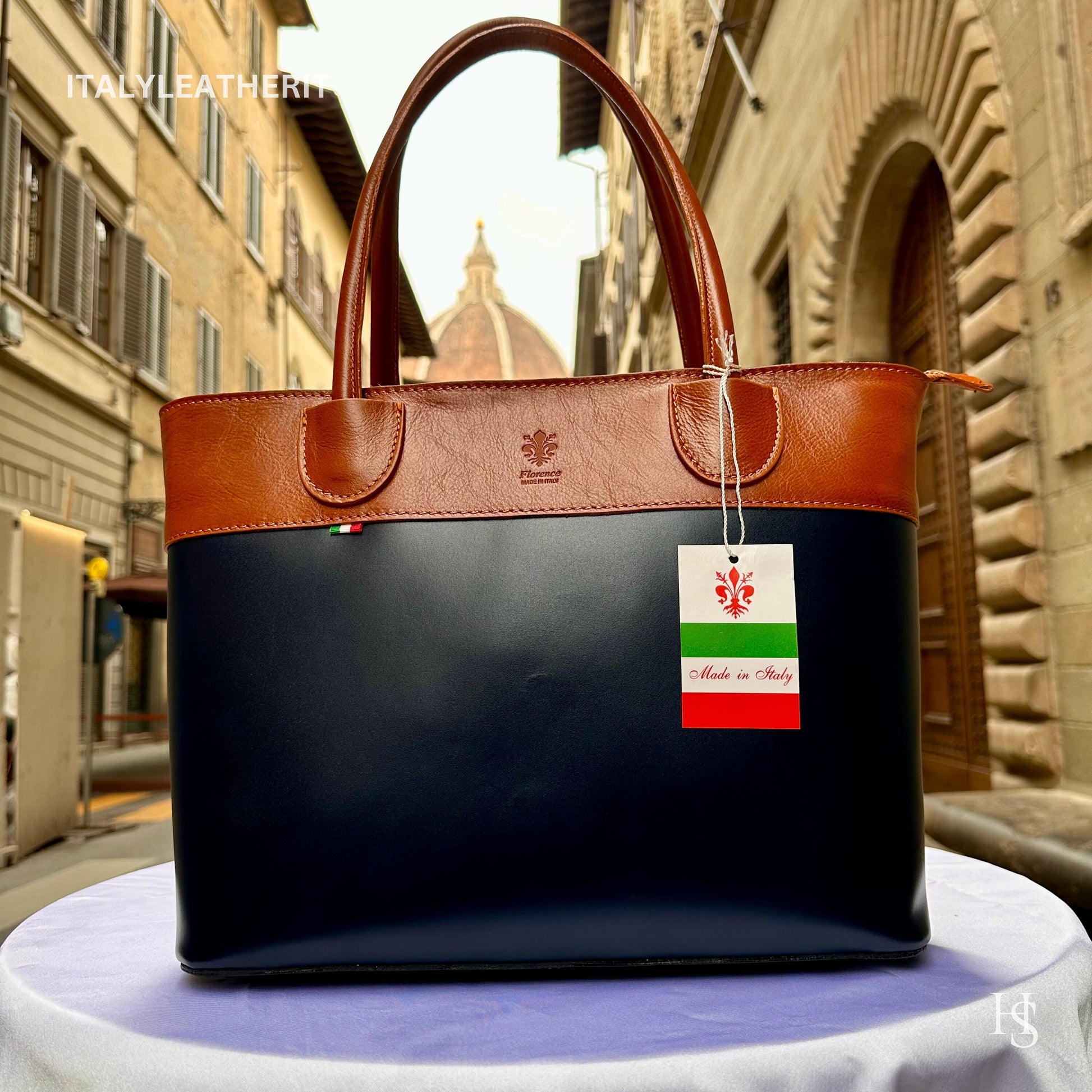 Italian Handmade Leather Bags For Woman l l Elegant Leather Tote From Florence, Navy blue-brown tote bag