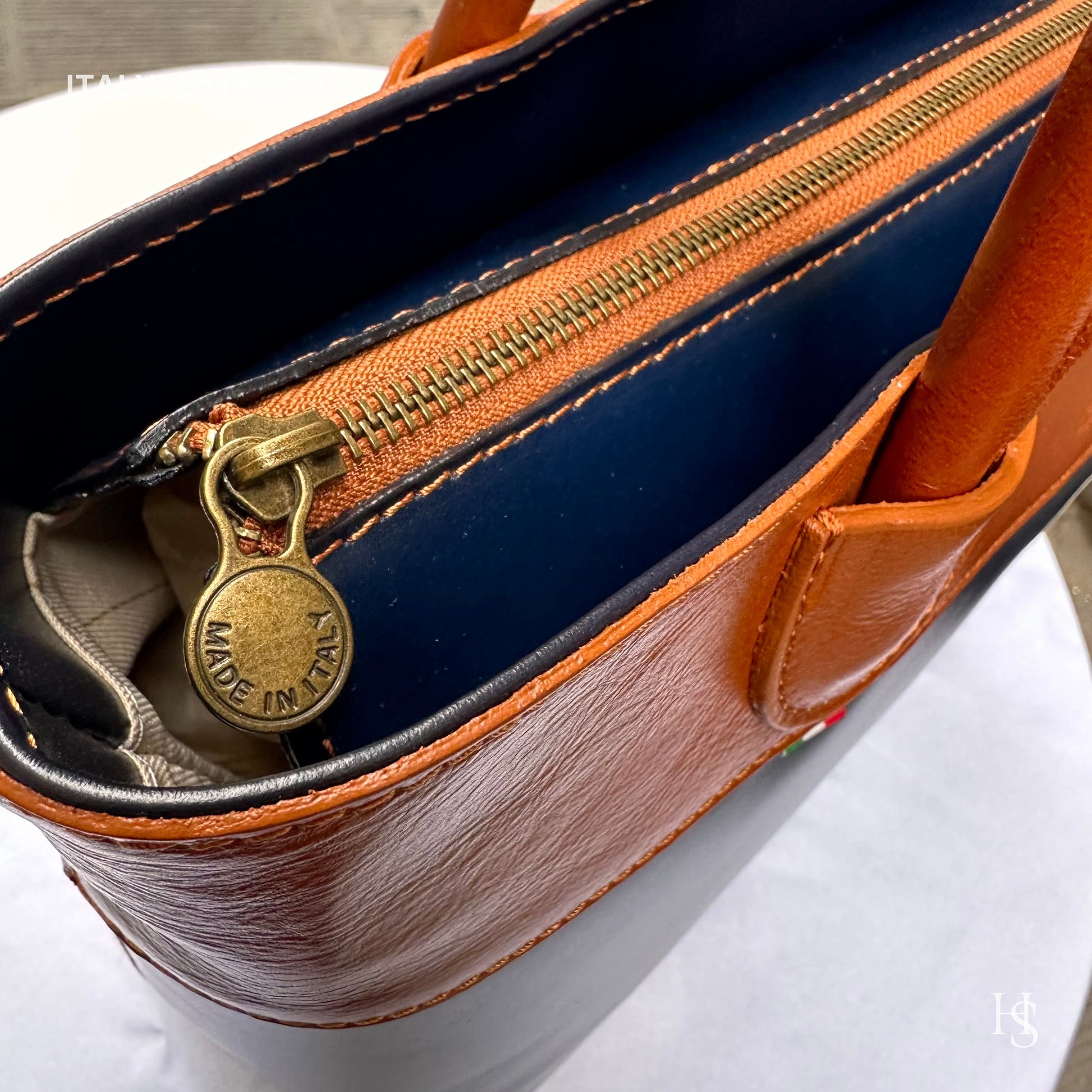 Italian Handmade Leather Bags For Woman l l Elegant Leather Tote From Florence, Navy blue-brown tote bag