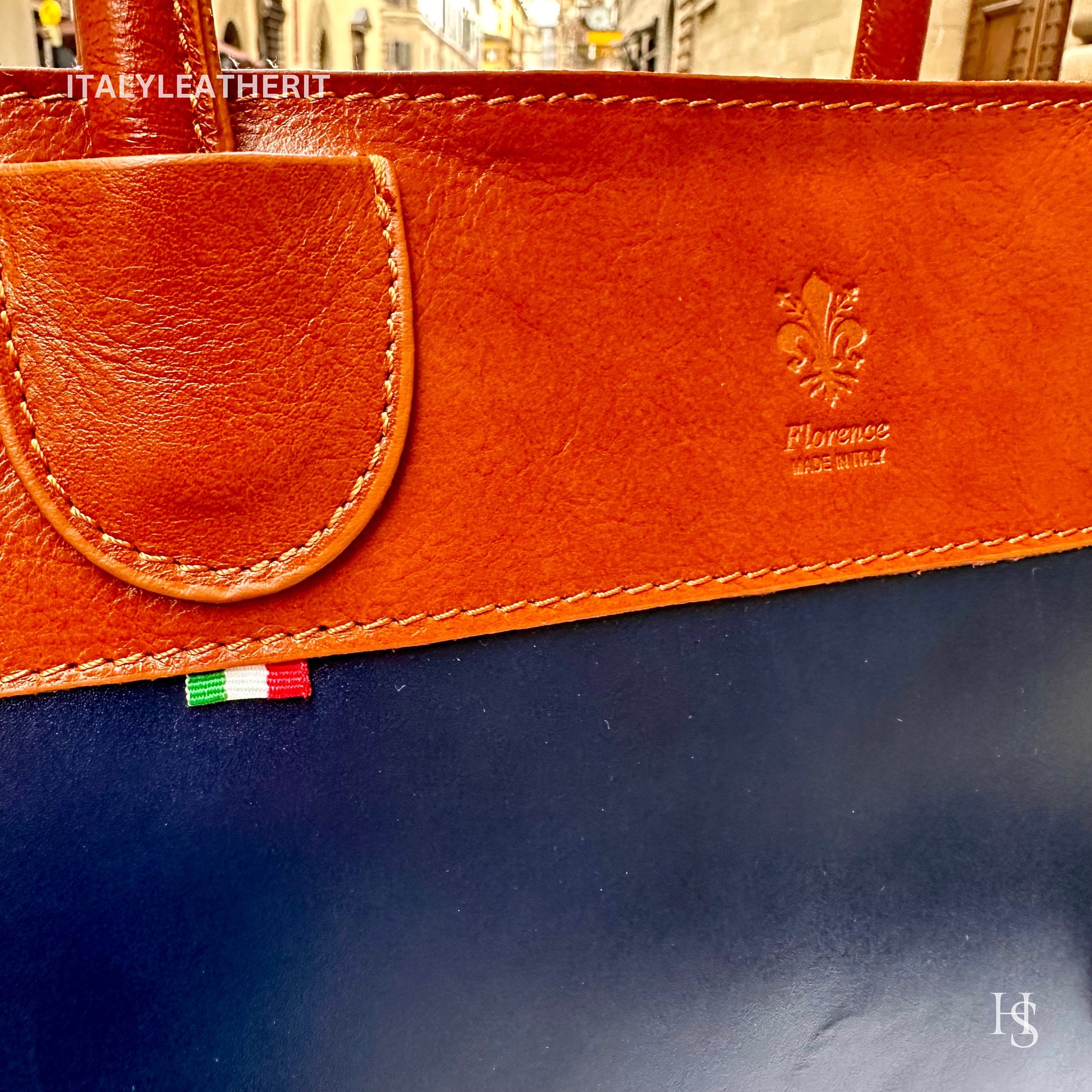 Italian Handmade Leather Bags For Woman l l Elegant Leather Tote From Florence, Navy blue-brown tote bag