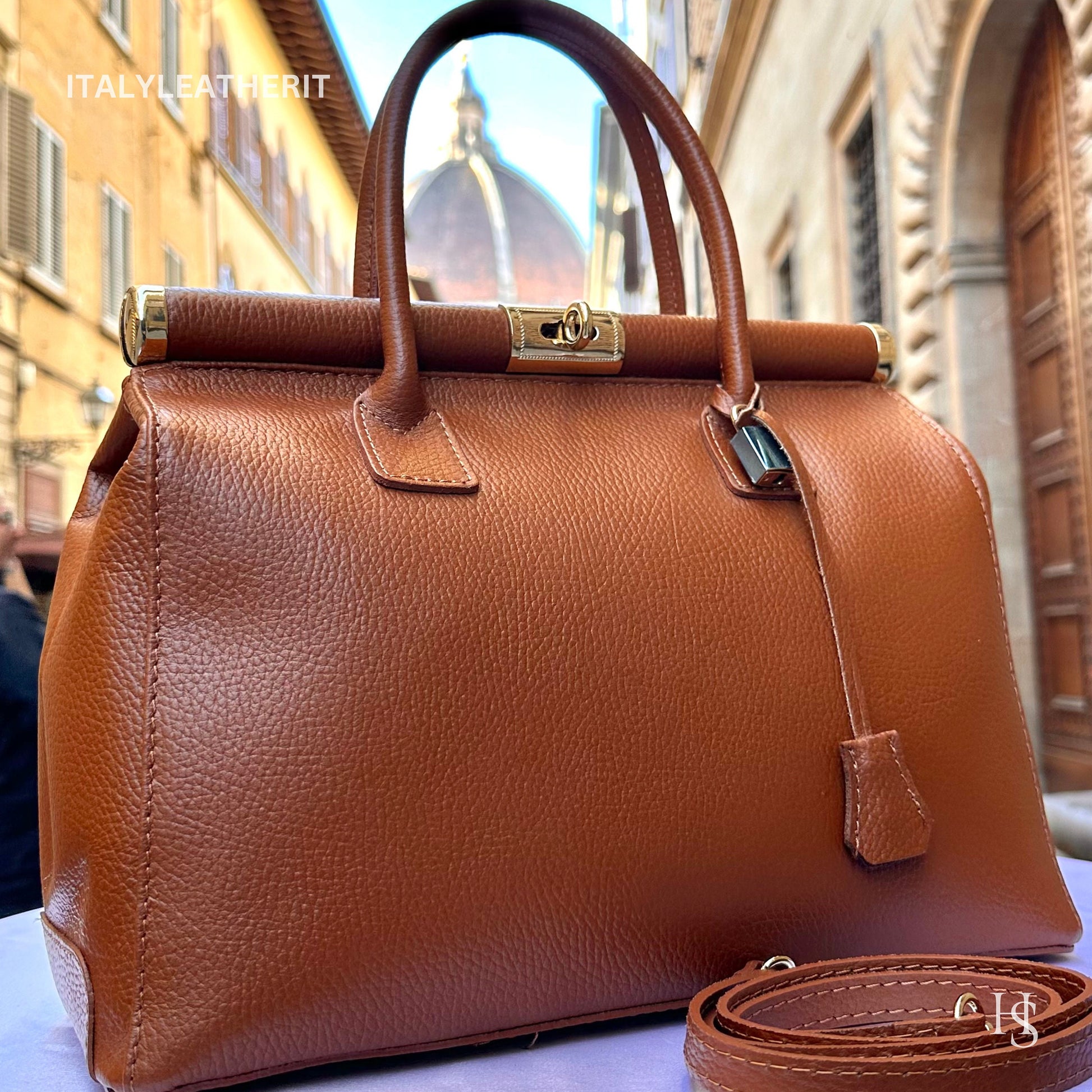 Italian Handmade Leather Bags For Woman l l Elegant Leather Tote From Florence, Brown Leather Tote , Lock bag
