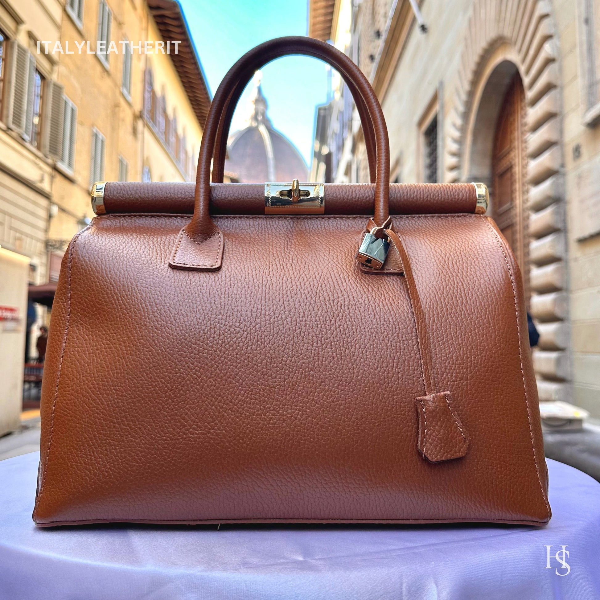 Italian Handmade Leather Bags For Woman l l Elegant Leather Tote From Florence, Brown Leather Tote , Lock bag