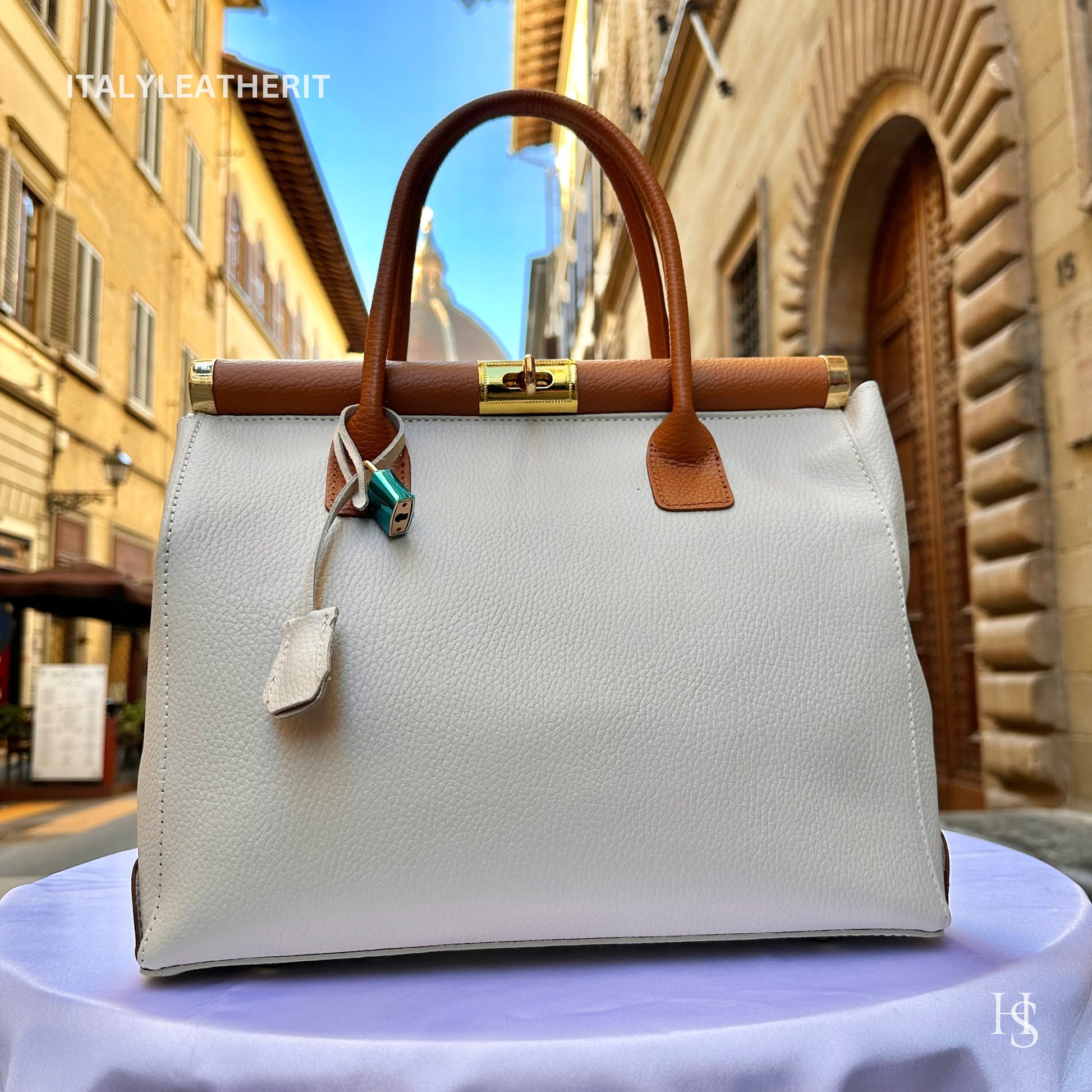 Italian Handmade Leather Bags For Women l l Elegant Leather Tote From Florence, white brown bag, Lock bag