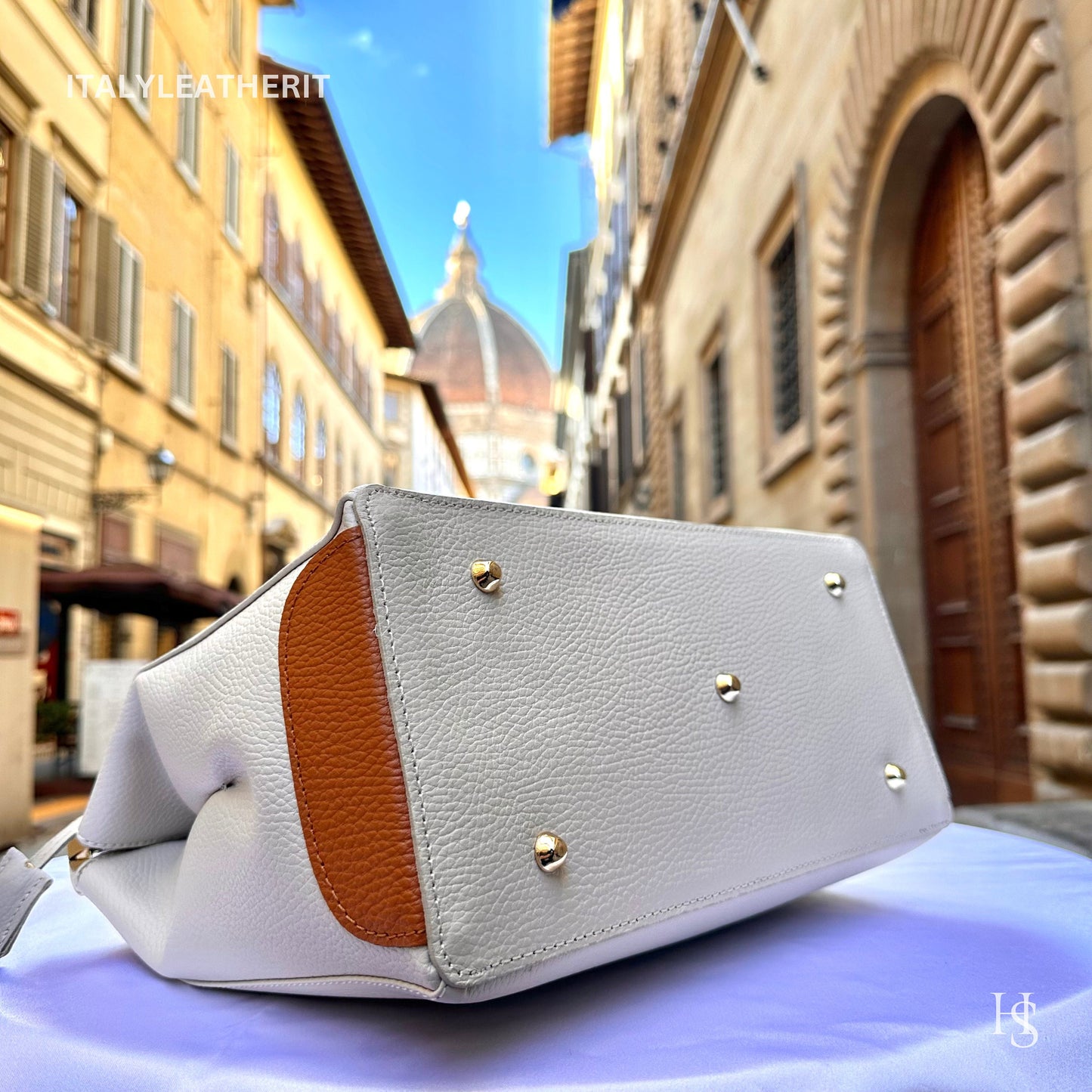 Italian Handmade Leather Bags For Women l l Elegant Leather Tote From Florence, white brown bag, Lock bag