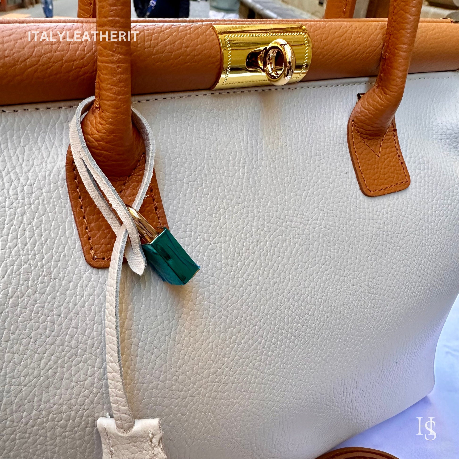 Italian Handmade Leather Bags For Women l l Elegant Leather Tote From Florence, white brown bag, Lock bag