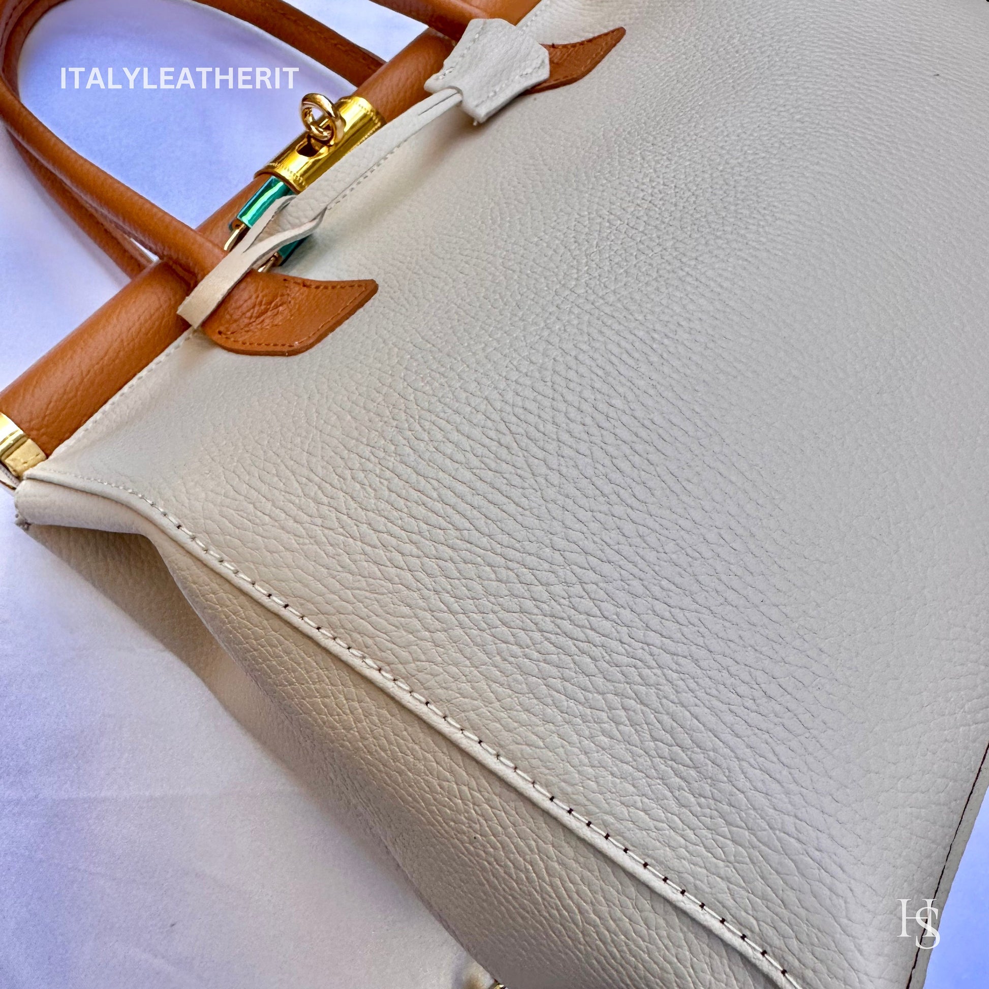 Italian Handmade Leather Bags For Women l l Elegant Leather Tote From Florence, white brown bag, Lock bag