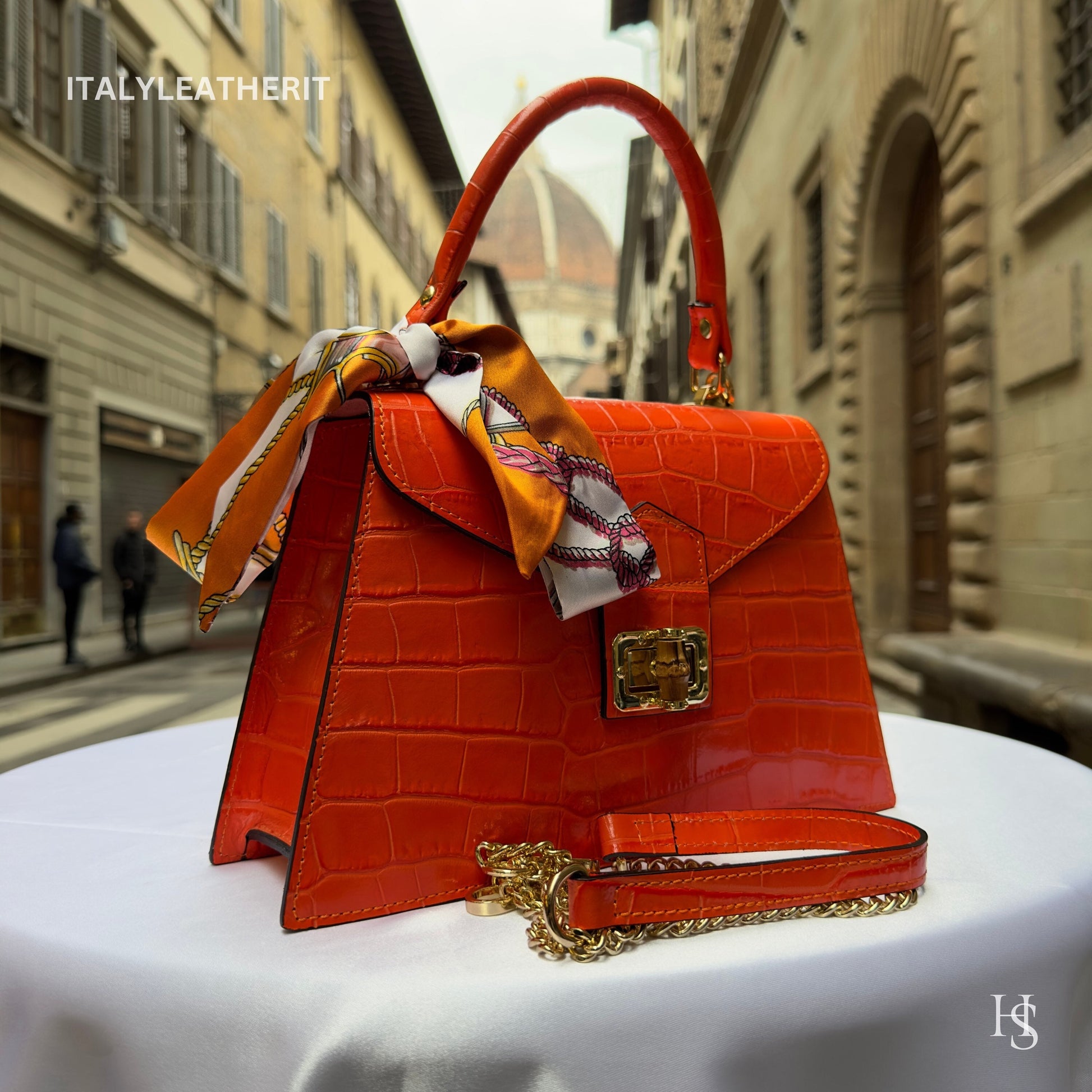 Italian Handmade Leather Bags For Women | Elegant Leather Tote From Florence | Orange Handbag Luxury Collection